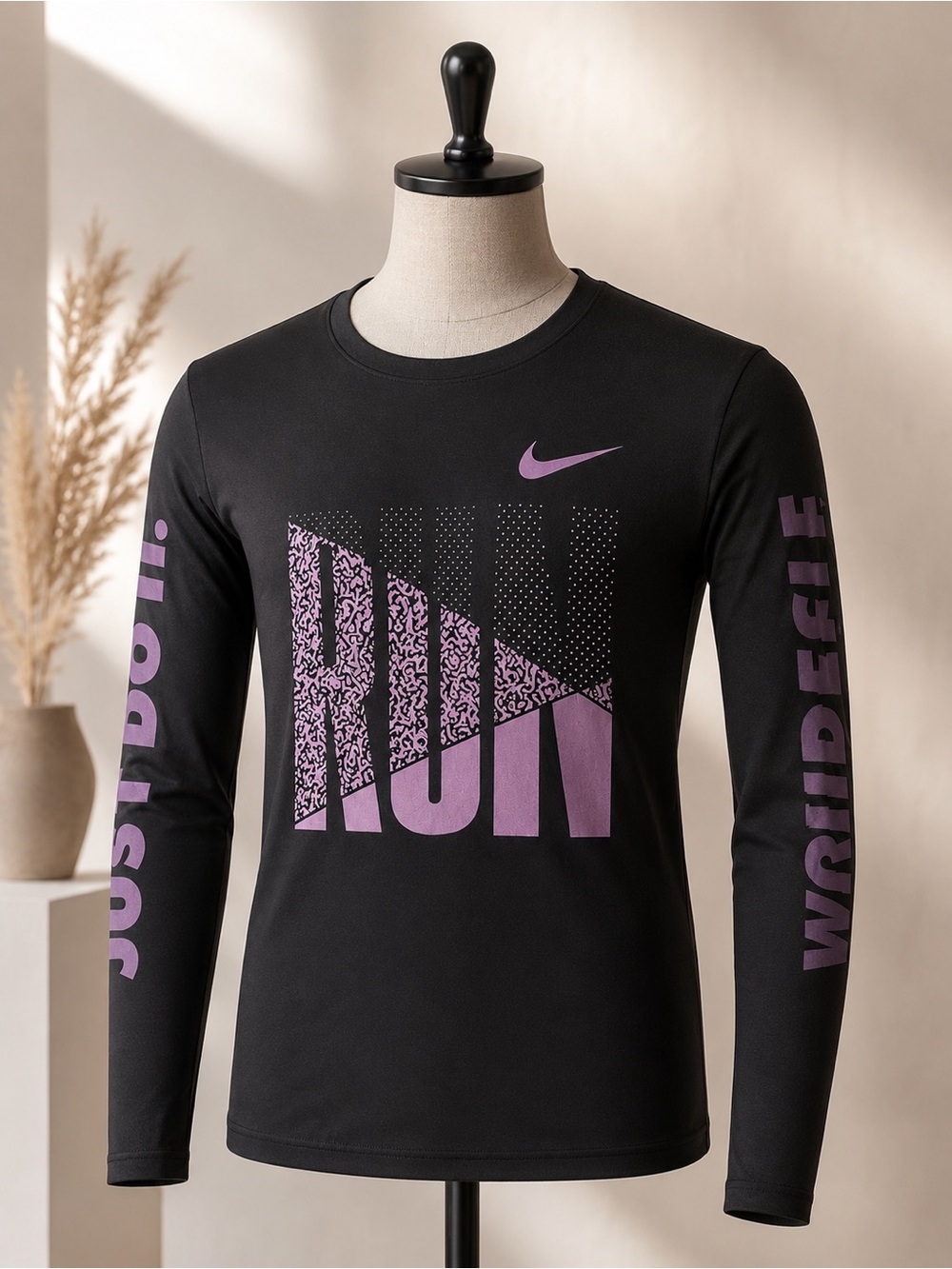 Nike Black Long Sleeve Tee with Purple 'RUN' Graphic